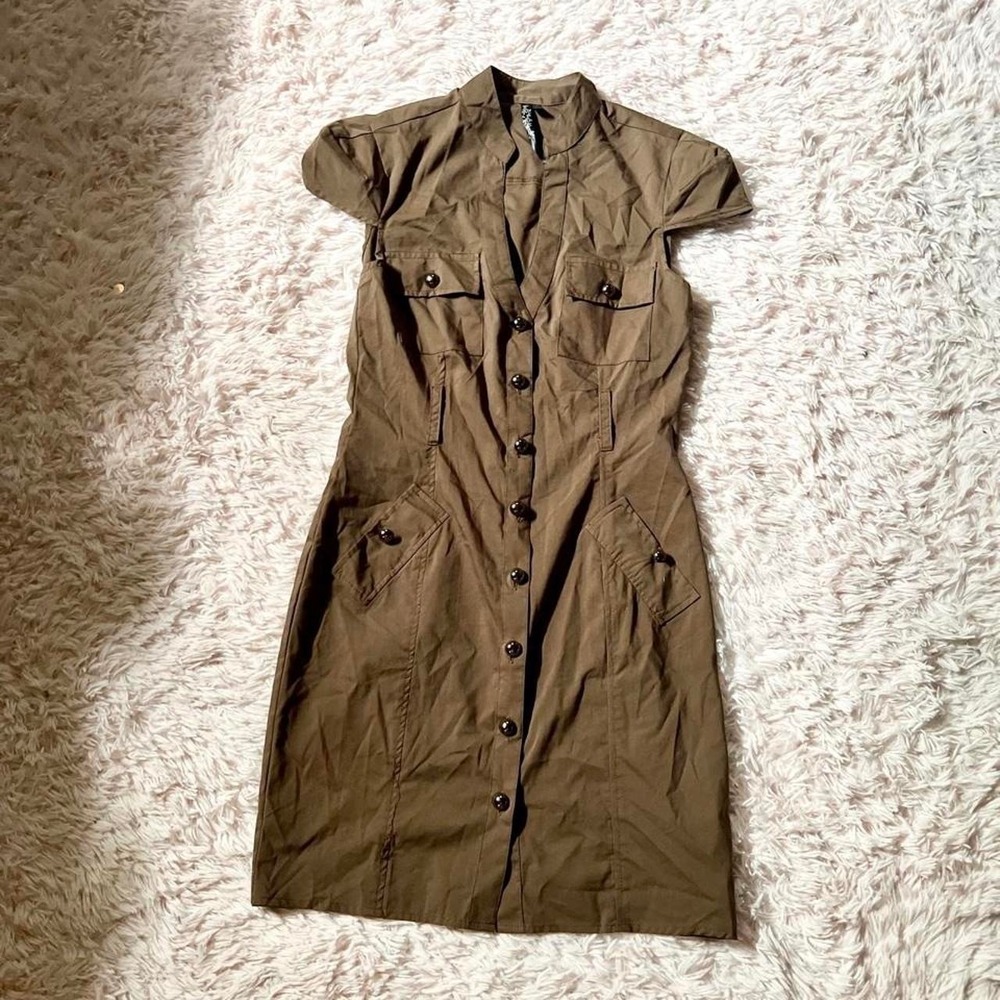 Chocolate Brown Gorpcore Utilitarian Military Button Down Dress Womens S Rugged